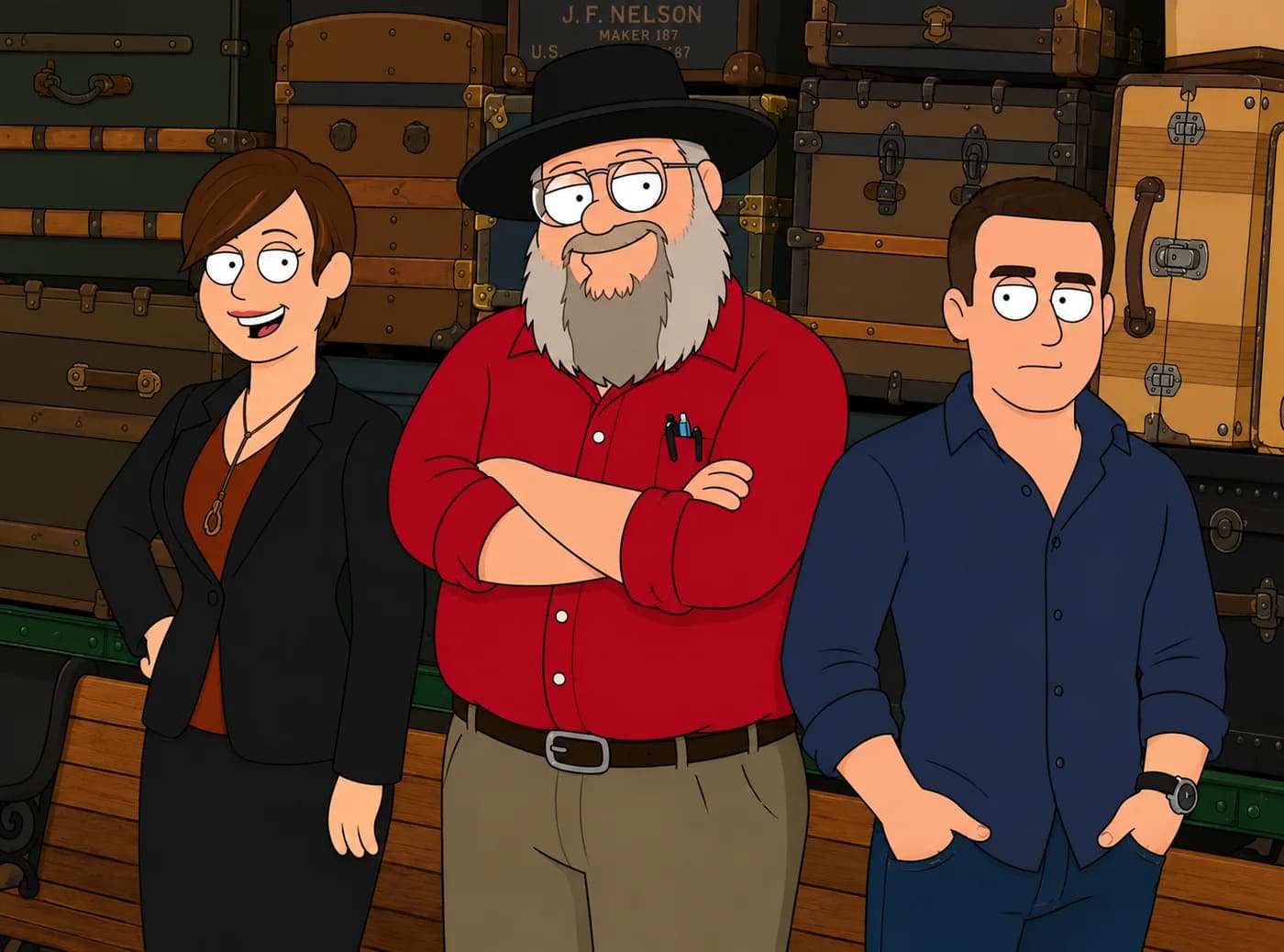 The three experts standing in front of a wall of antique trunks: a woman in a blazer, a bearded man in a wide-brimmed hat, and a man in a navy shirt